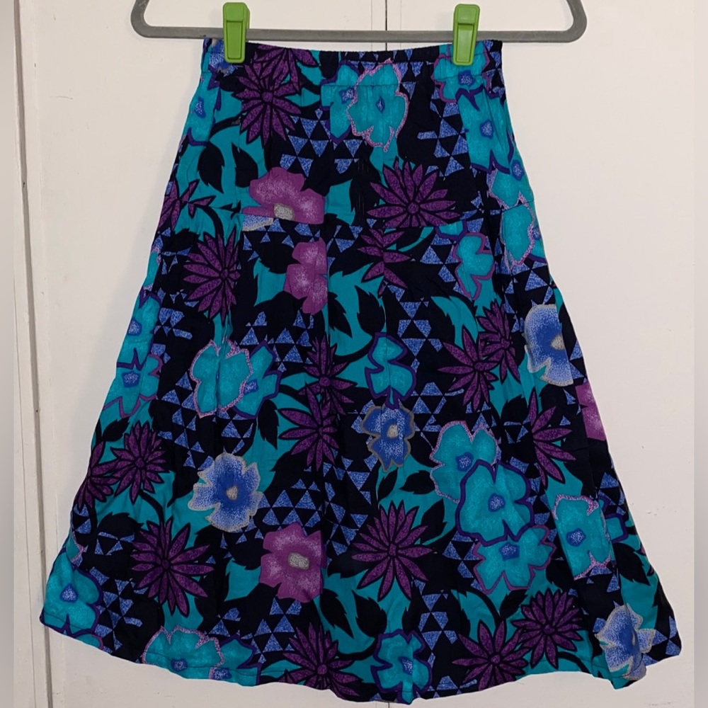 Vintage Greenwich Square Teal Purple Black Floral Elastic Waist Skirt Size 9/10